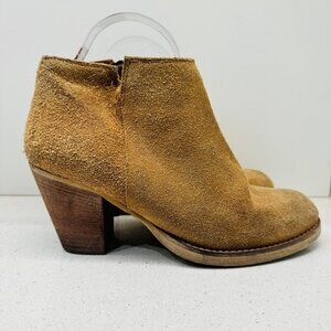Steve Madden Resolv Suede Leather Booties Ankle Boots Camel Tan Stacked Heel 9